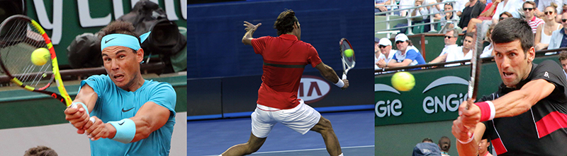 Djokovic, Nadal, and Federer hitting ball