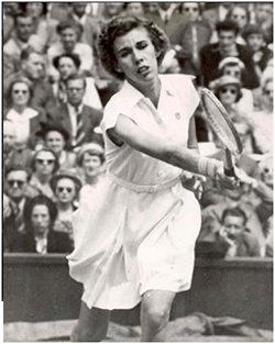 Doris Hart swinging during tennis match